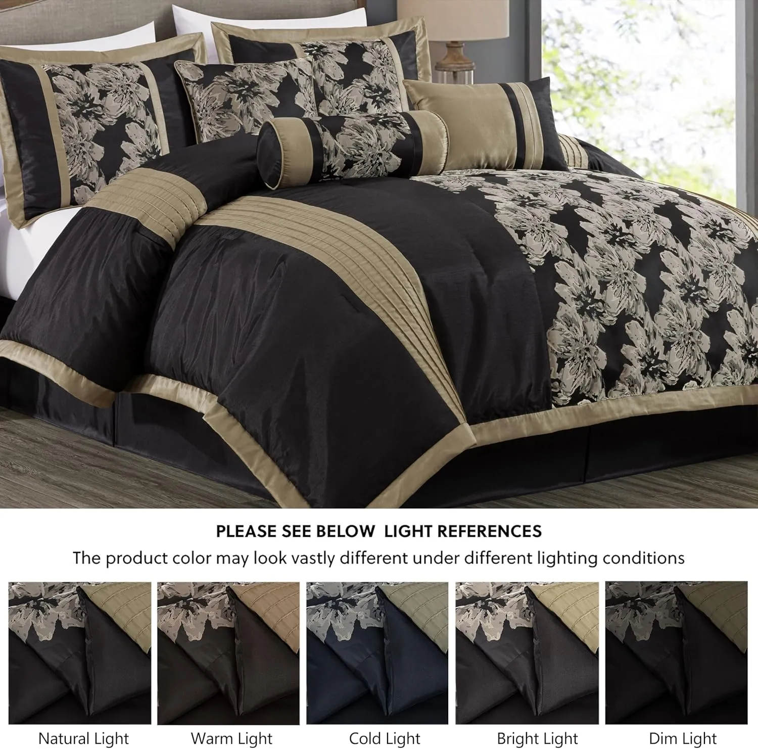 Chezmoi Collection Kelsey Comforter Set Queen Size, 7-Piece Black Gold Hibiscus Floral Jacquard Bedding Set