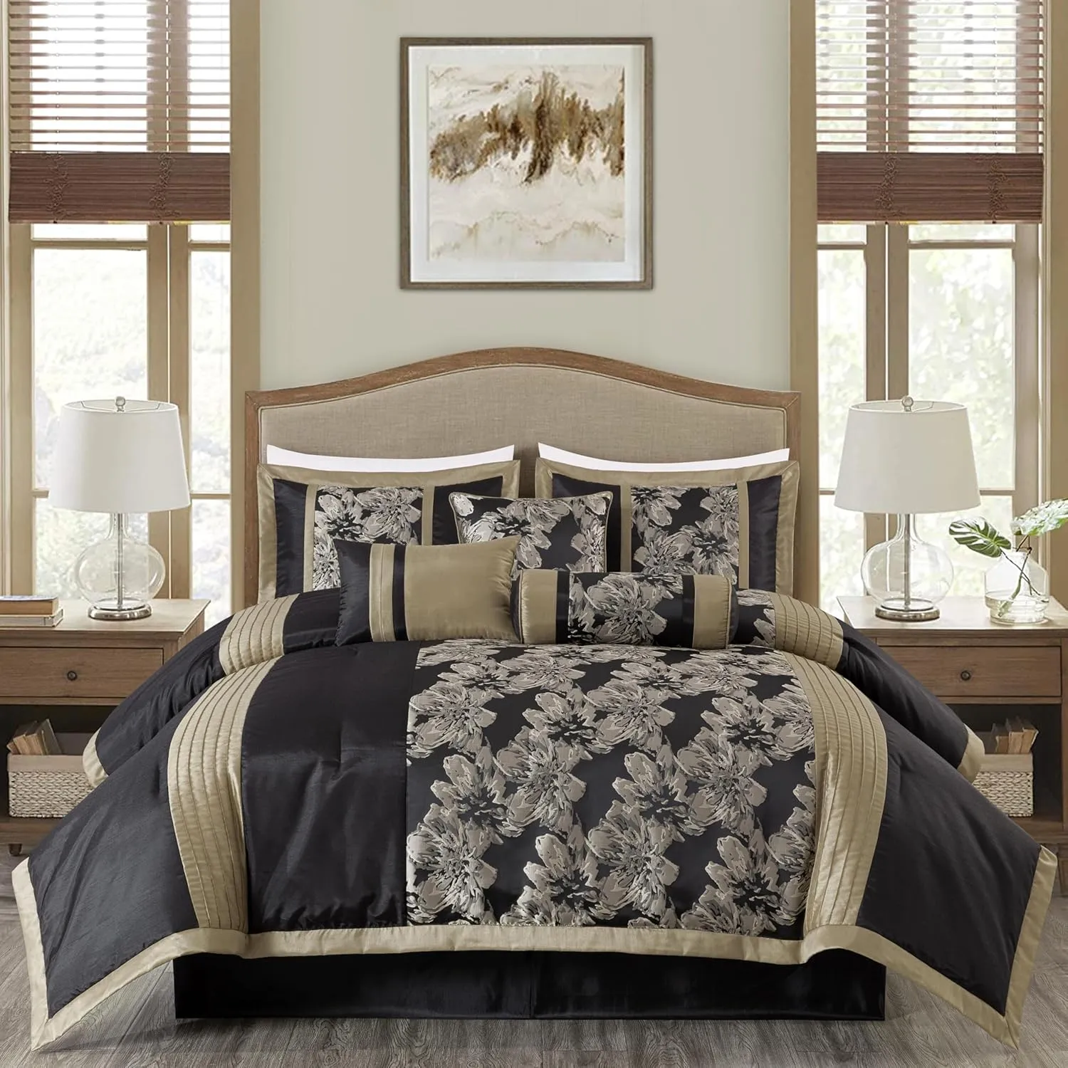 Chezmoi Collection Kelsey Comforter Set Queen Size, 7-Piece Black Gold Hibiscus Floral Jacquard Bedding Set