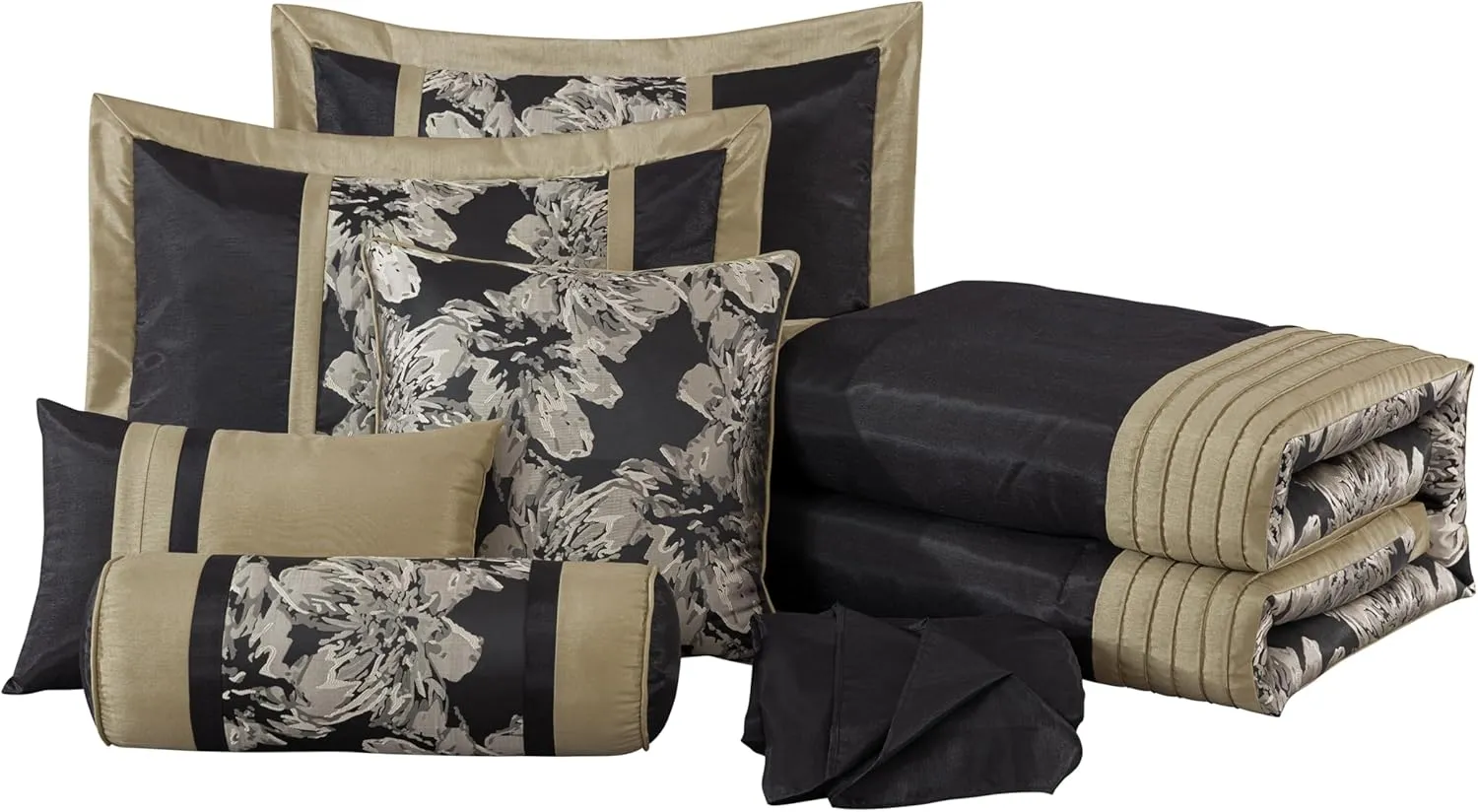 Chezmoi Collection Kelsey Comforter Set Queen Size, 7-Piece Black Gold Hibiscus Floral Jacquard Bedding Set