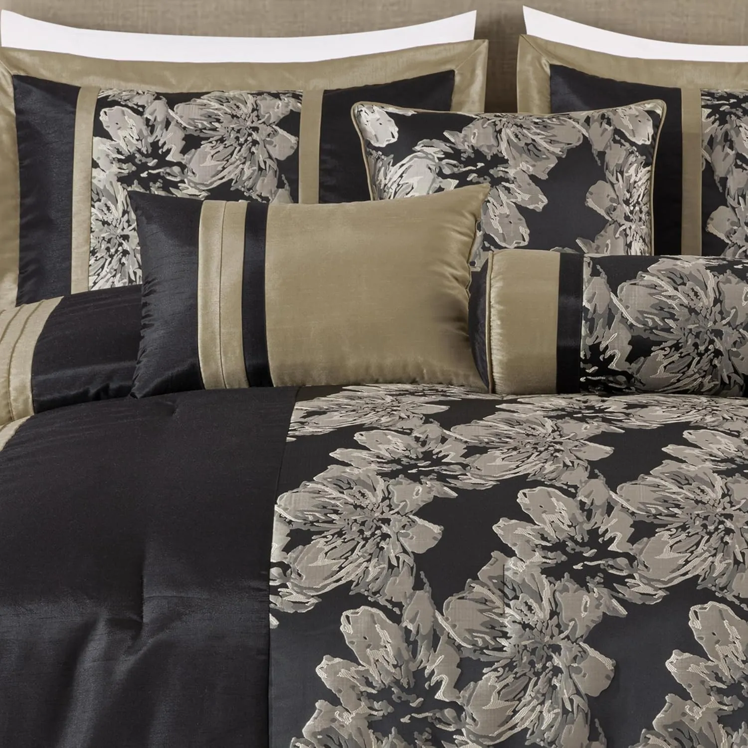 Chezmoi Collection Kelsey Comforter Set Queen Size, 7-Piece Black Gold Hibiscus Floral Jacquard Bedding Set