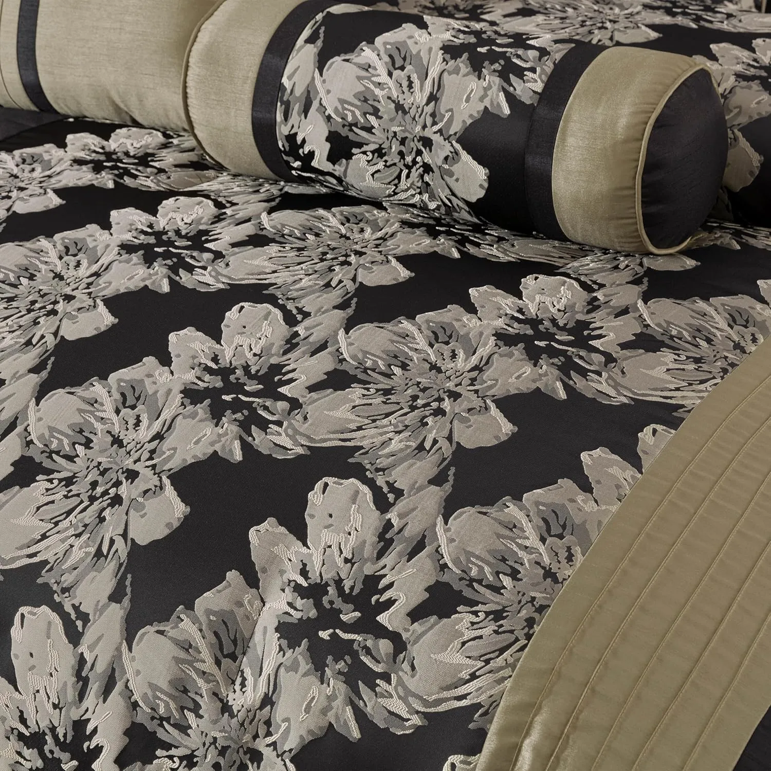 Chezmoi Collection Kelsey Comforter Set Queen Size, 7-Piece Black Gold Hibiscus Floral Jacquard Bedding Set