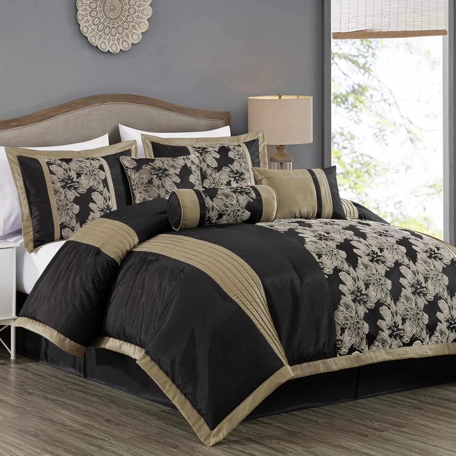 Chezmoi Collection Kelsey Comforter Set Queen Size, 7-Piece Black Gold Hibiscus Floral Jacquard Bedding Set