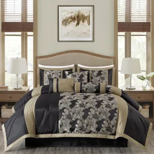 Chezmoi Collection Kelsey Comforter Set Queen Size, 7-Piece Black Gold Hibiscus Floral Jacquard Bedding Set