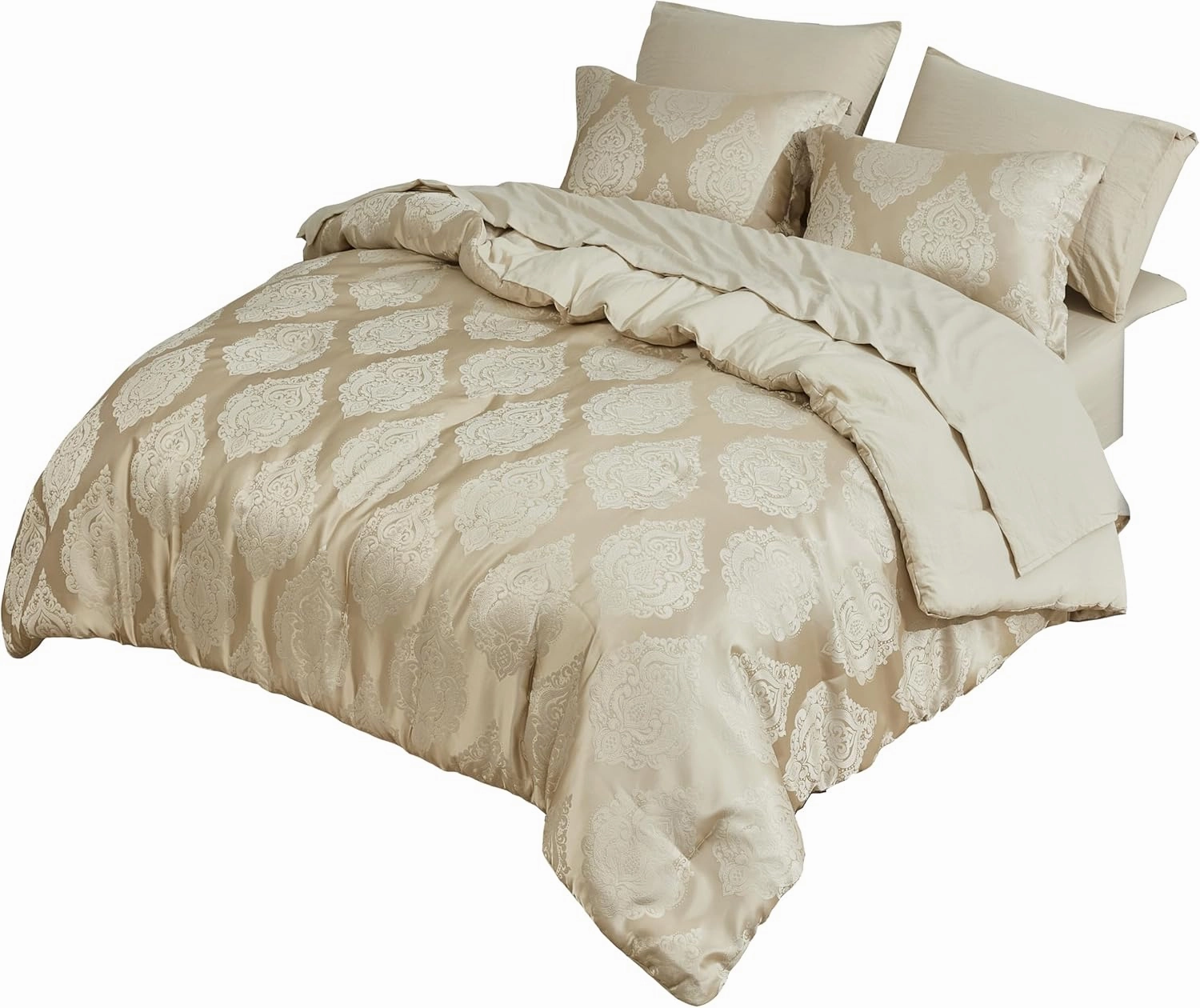 Chezmoi Collection Juliette 7-Piece Bed in a Bag Comforter Set King - Luxury Medallion Jacquard Comforter Set with Sheets for All Seasons, Gold