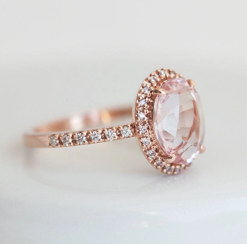 Chloe Halo Diamond Oval Peach Sapphire Ring in 14k Rose Gold