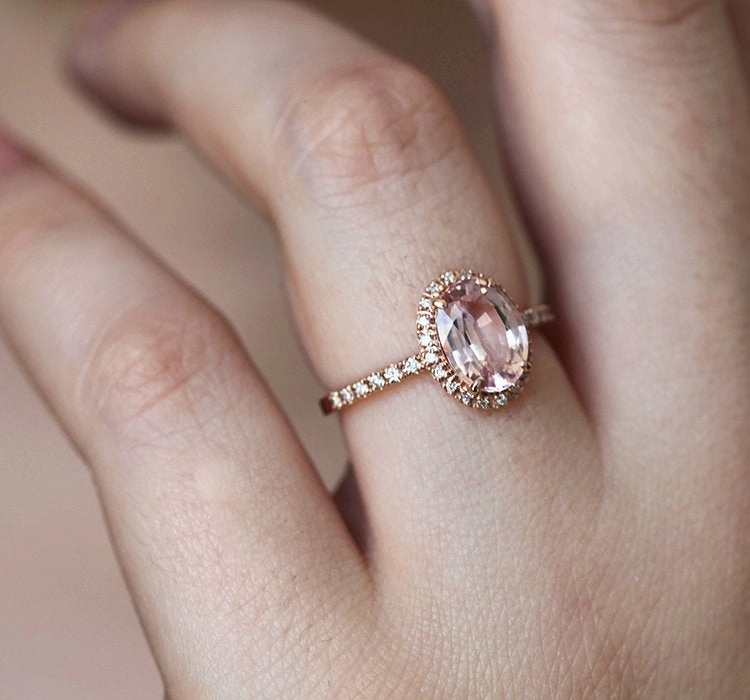 Chloe Halo Diamond Oval Peach Sapphire Ring in 14k Rose Gold