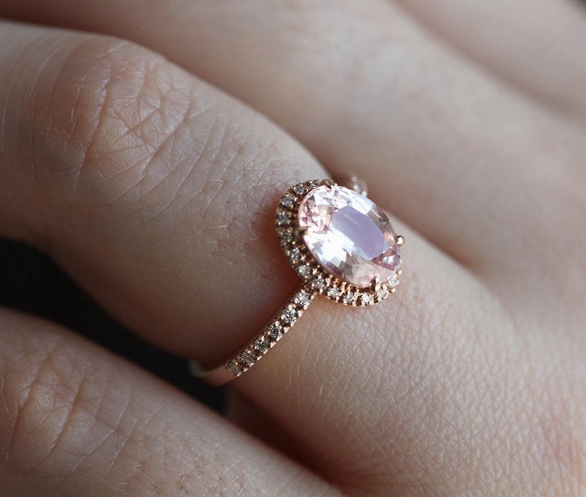Chloe Halo Diamond Oval Peach Sapphire Ring in 14k Rose Gold
