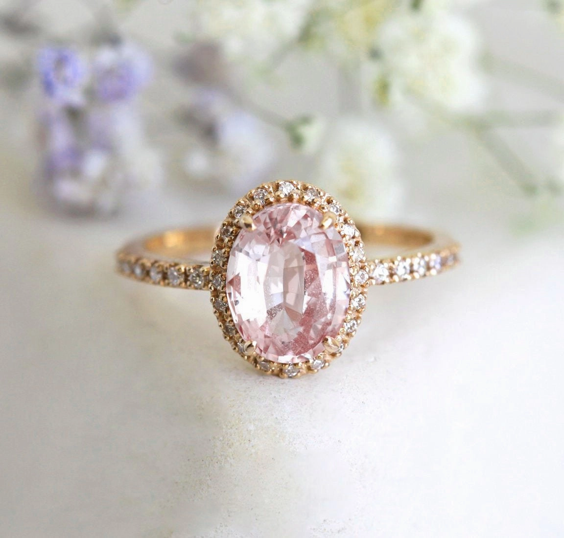 Chloe Halo Diamond Oval Peach Sapphire Ring in 14k Rose Gold