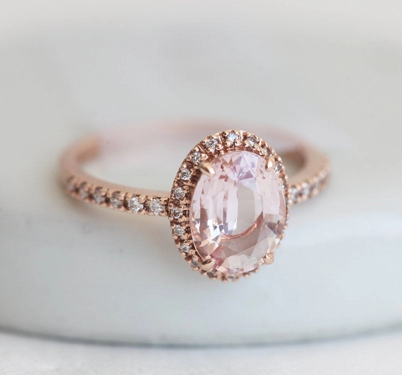 Chloe Halo Diamond Oval Peach Sapphire Ring in 14k Rose Gold