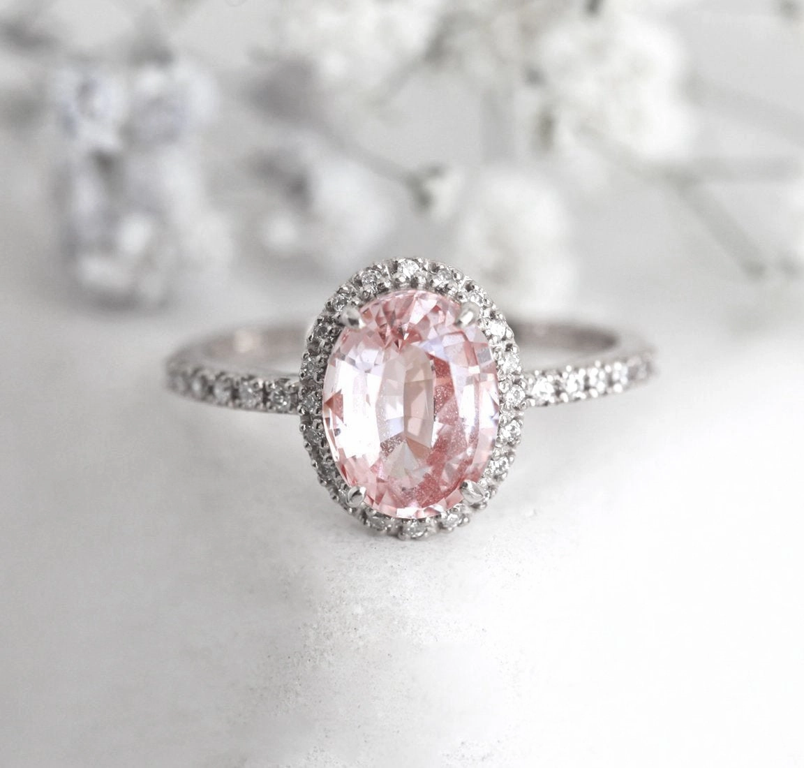 Chloe Halo Diamond Oval Peach Sapphire Ring in 14k Rose Gold