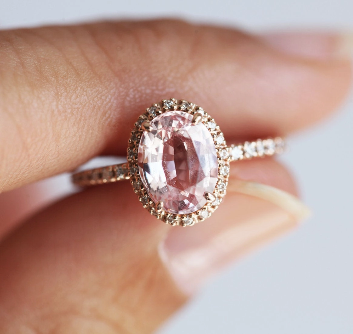 Chloe Halo Diamond Oval Peach Sapphire Ring in 14k Rose Gold