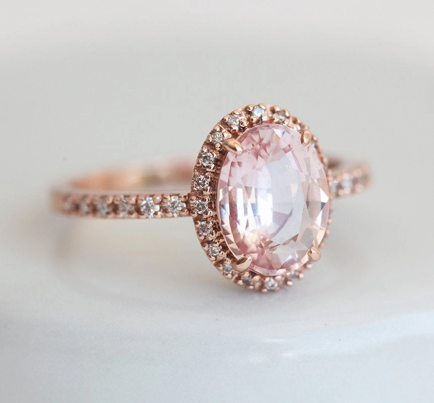 Chloe Halo Diamond Oval Peach Sapphire Ring in 14k Rose Gold