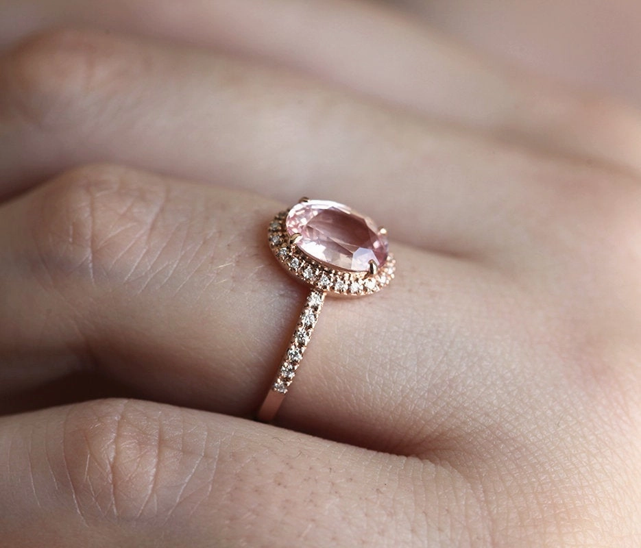 Chloe Halo Diamond Oval Peach Sapphire Ring in 14k Rose Gold