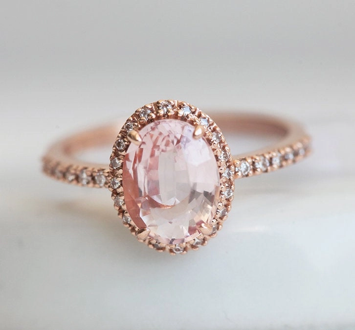 Chloe Halo Diamond Oval Peach Sapphire Ring in 14k Rose Gold