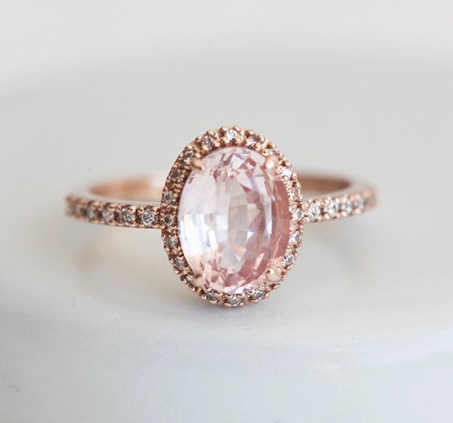 Chloe Halo Diamond Oval Peach Sapphire Ring in 14k Rose Gold