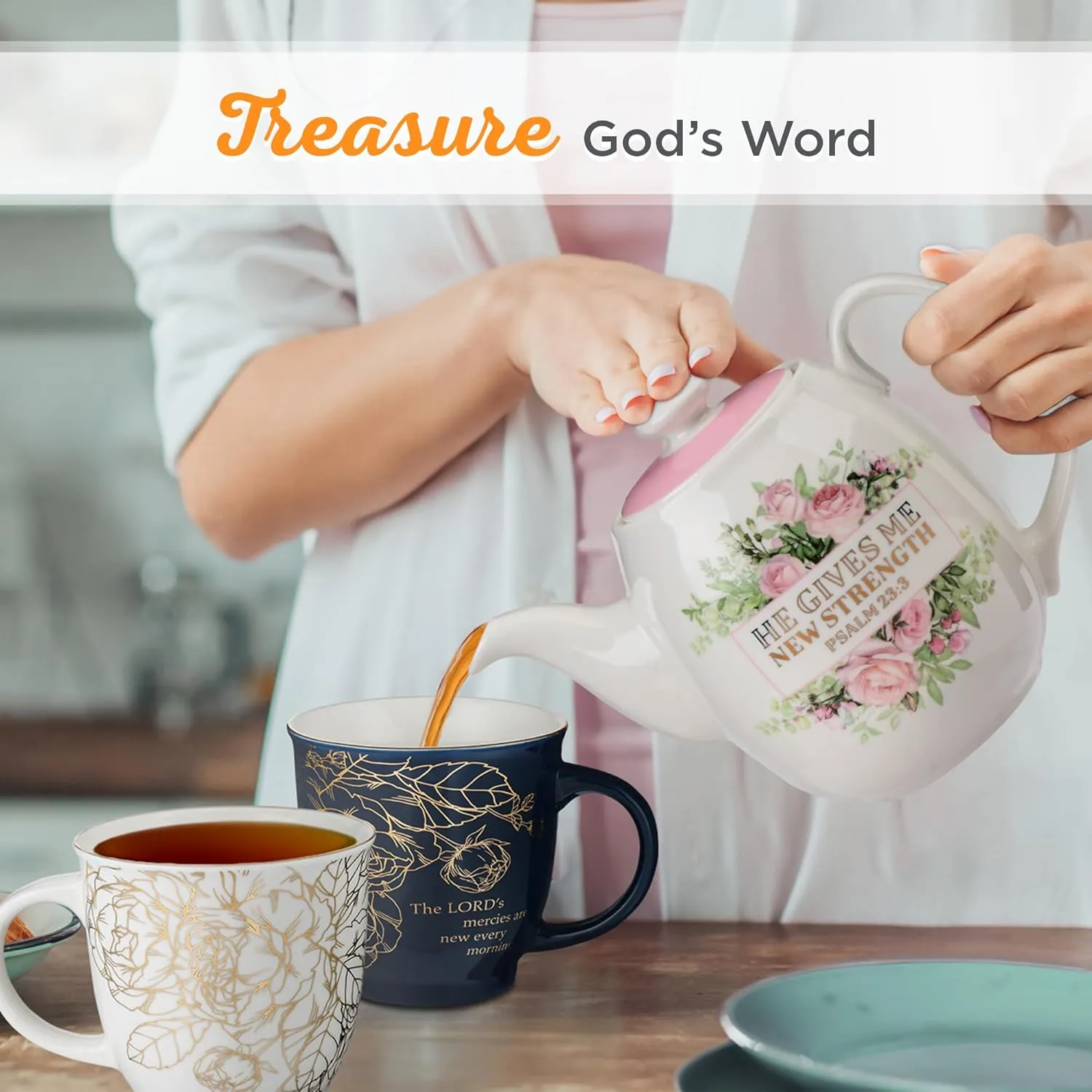 Christian Art Gifts Women's White Ceramic Teapot for One: He Gives Me New Strength - Psalm 23:3 Inspirational Bible Verse, Novelty/Vintage Pink Rose Flower Bouquet w/Golden Foil for Hot & Cold, 32 oz.