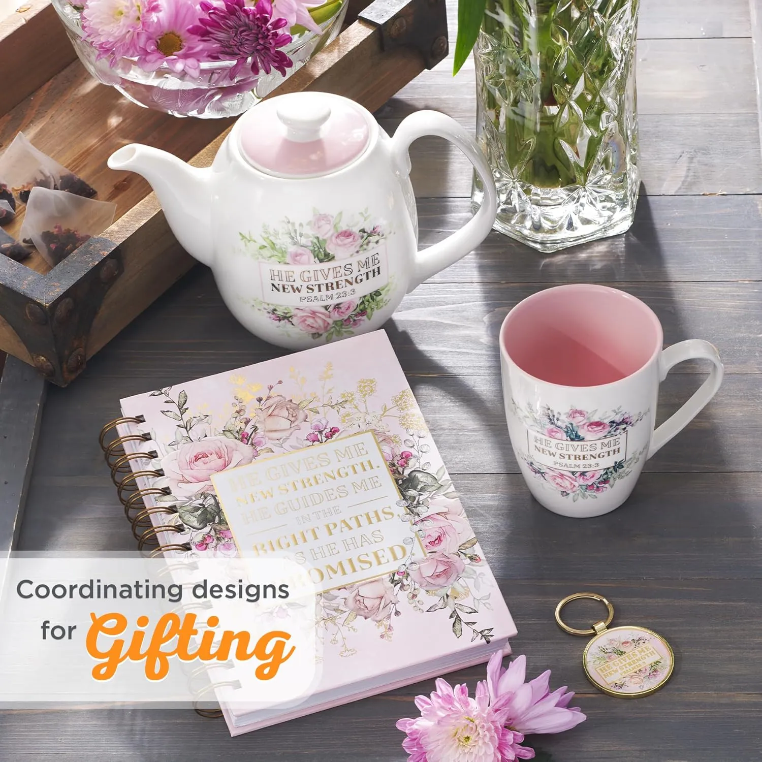 Christian Art Gifts Women's White Ceramic Teapot for One: He Gives Me New Strength - Psalm 23:3 Inspirational Bible Verse, Novelty/Vintage Pink Rose Flower Bouquet w/Golden Foil for Hot & Cold, 32 oz.