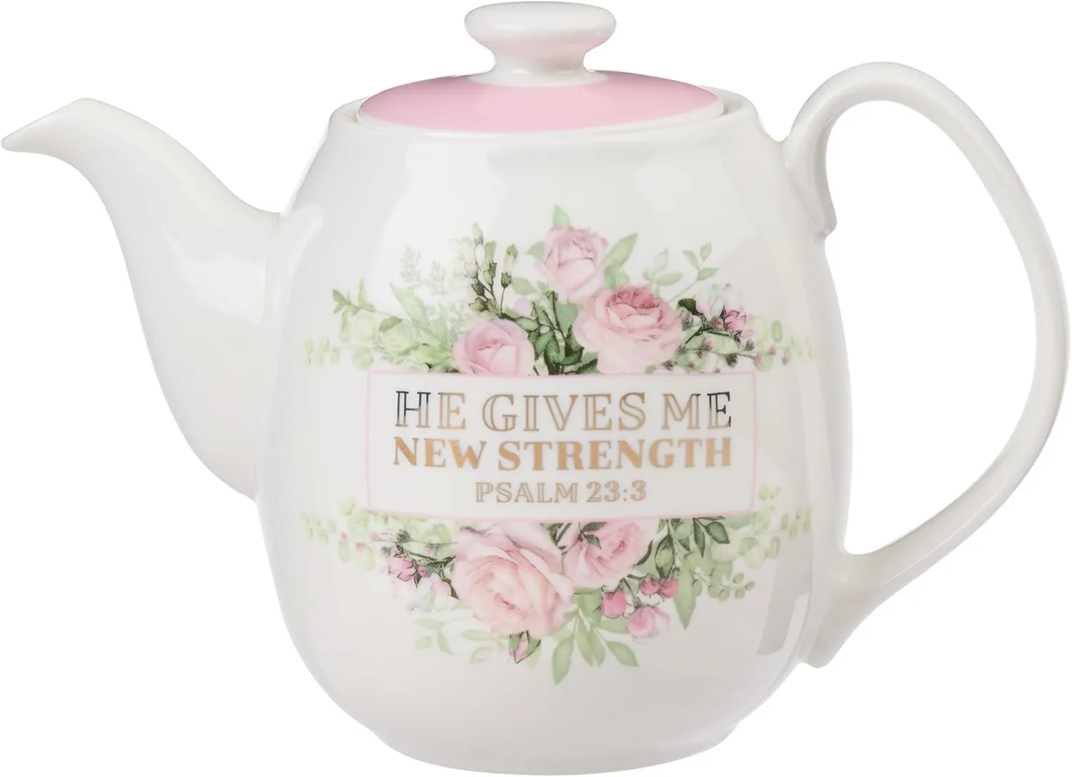 Christian Art Gifts Women's White Ceramic Teapot for One: He Gives Me New Strength - Psalm 23:3 Inspirational Bible Verse, Novelty/Vintage Pink Rose Flower Bouquet w/Golden Foil for Hot & Cold, 32 oz.