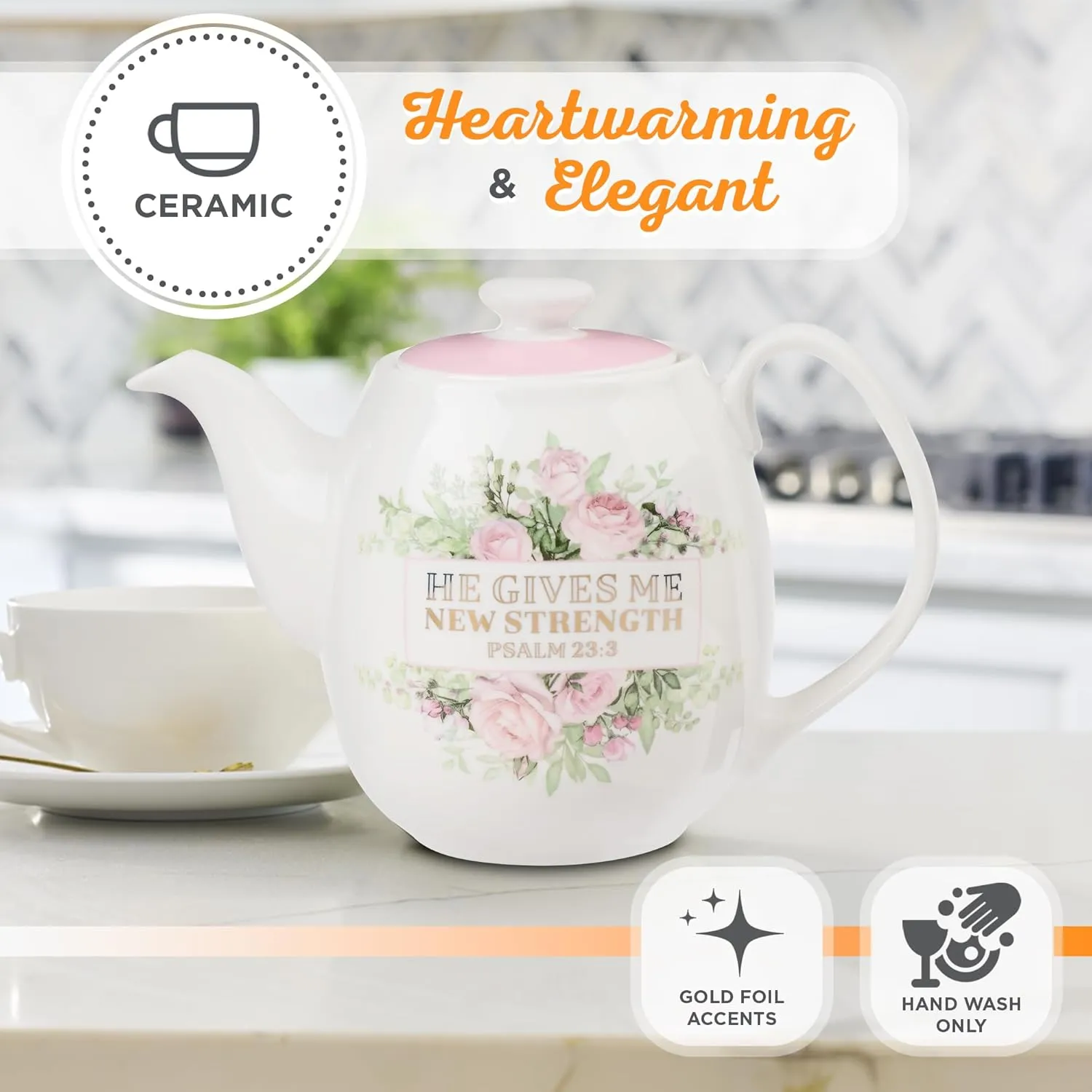 Christian Art Gifts Women's White Ceramic Teapot for One: He Gives Me New Strength - Psalm 23:3 Inspirational Bible Verse, Novelty/Vintage Pink Rose Flower Bouquet w/Golden Foil for Hot & Cold, 32 oz.