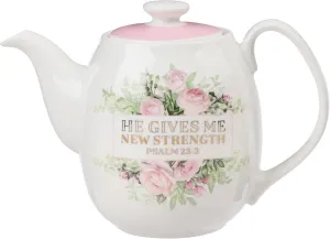 Christian Art Gifts Women's White Ceramic Teapot for One: He Gives Me New Strength - Psalm 23:3 Inspirational Bible Verse, Novelty/Vintage Pink Rose Flower Bouquet w/Golden Foil for Hot & Cold, 32 oz.