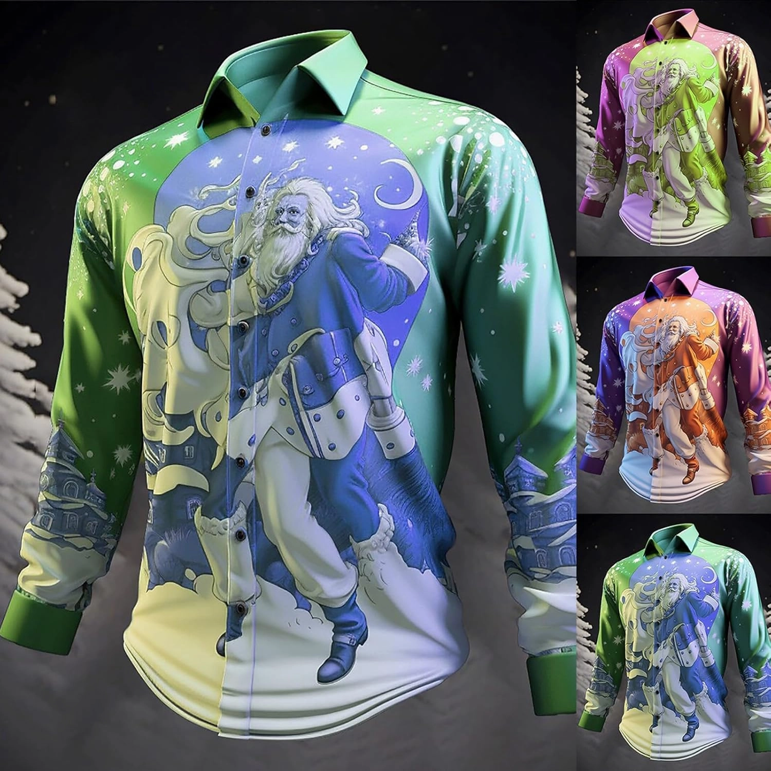 Christmas Hawaiian Shirt for Men Ugly Funny Slim Fit Santa Printed Dress Shirts Long Sleeve Button Down Holiday Shirt