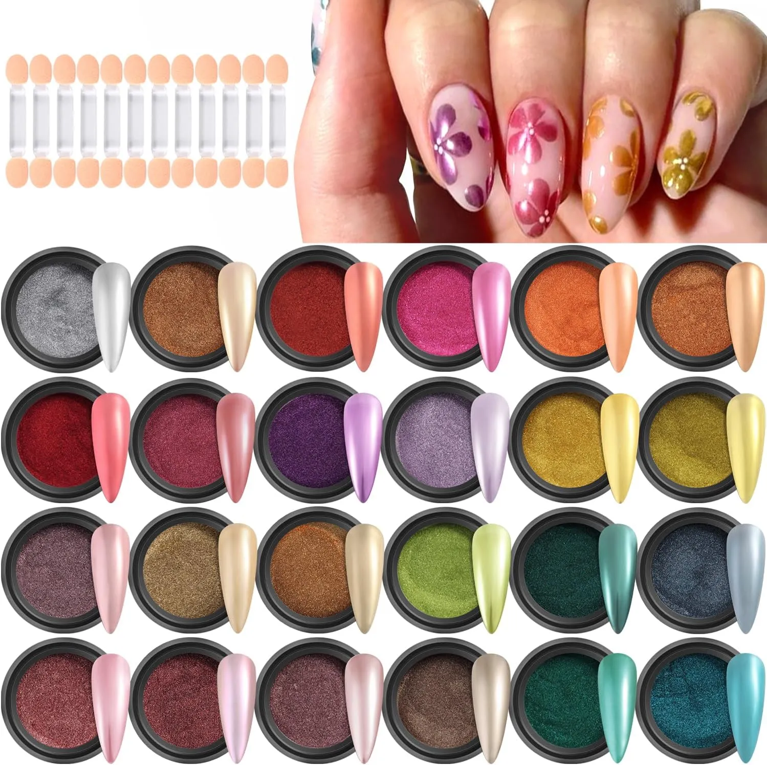 Chrome Nail Powder Kit, 24 Colors Mirror Effect Metallic Chrome Powder For Nails Gold Silver Rose Pink Blue Purple Nail Glitter Pigment With Brushes Manicure Salon Supplies