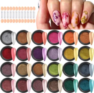 Chrome Nail Powder Kit, 24 Colors Mirror Effect Metallic Chrome Powder For Nails Gold Silver Rose Pink Blue Purple Nail Glitter Pigment With Brushes Manicure Salon Supplies