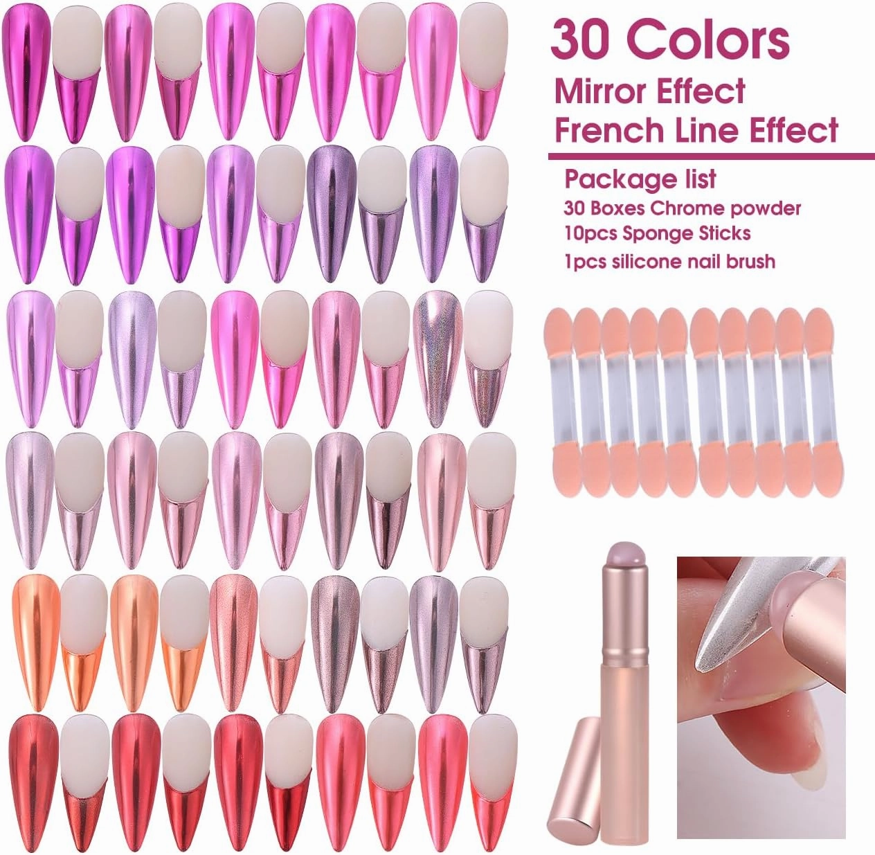 Chrome Powder for Nails Art Kit 30 Colors Pink Purple Metallic Chrome Nail Powder with Silicone Brush and Sticks Magic Mirror Rubbing Pigment for Salon Nail Art Supplies DIY Designs