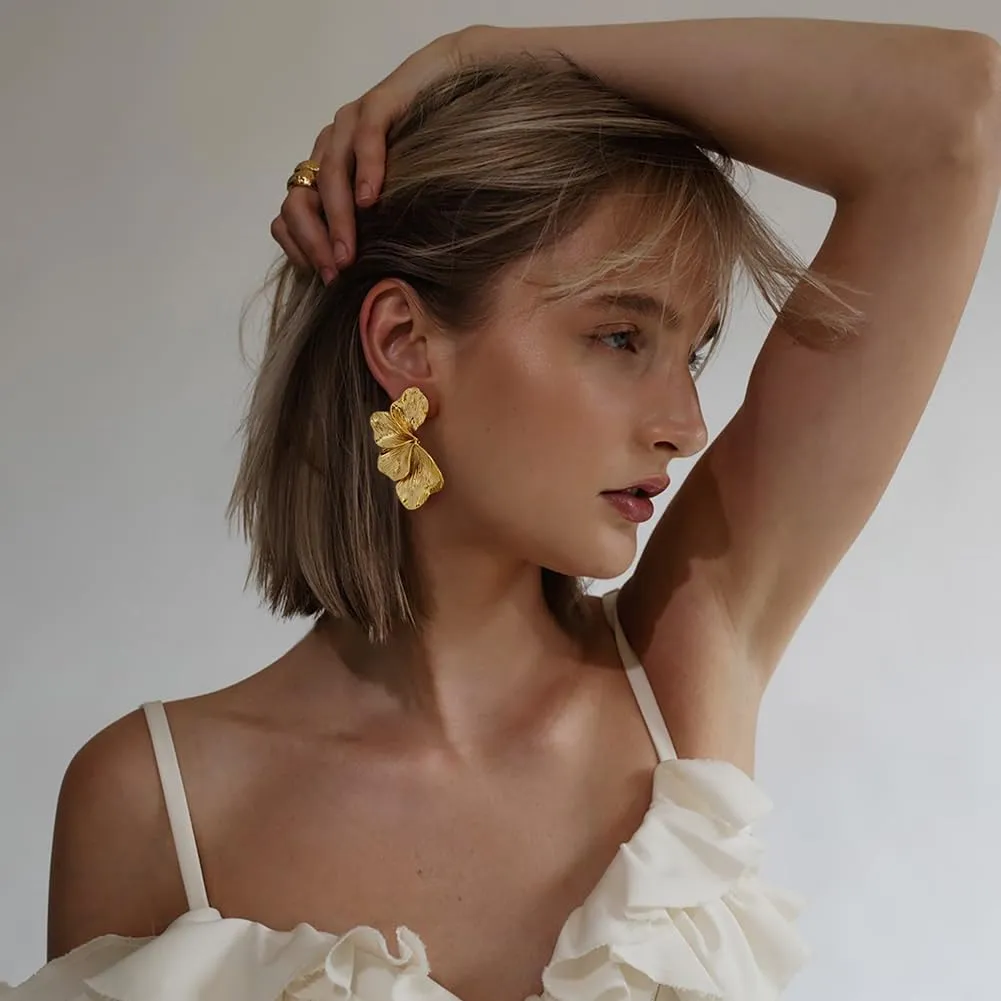 Chunky Gold Statement Earrings For Women Gold Plated Sectored Flower Leaf Shell Angel Wing Earrings Large Stud Earrings Hypoallergenic Earrings