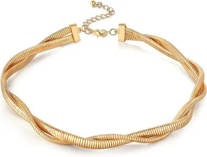 Chunky Stainless Steel Choker Necklace For Women, Gold Striped Flat Snake African Collar Exaggerated Necklace with Adjustable Chain Choker Jewelry for Women
