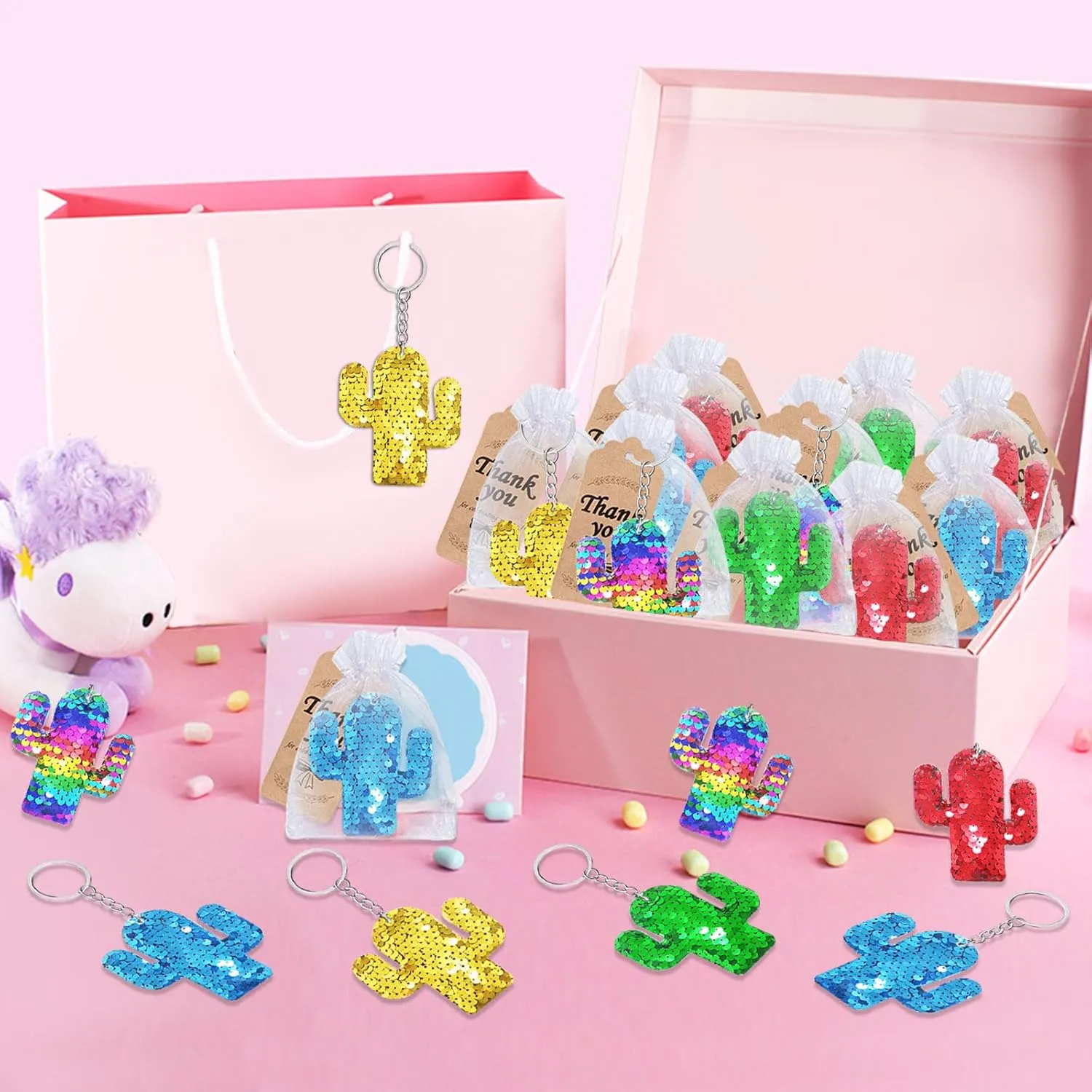 CiciBear 25 Pack Cactus Sequin Keychains for Cactus Mexican Fiesta Tropical Hawaiian Summer Themed Party Favors, Kids and Adults Birthday Gift, Baby Shower, Party, 5 Colors
