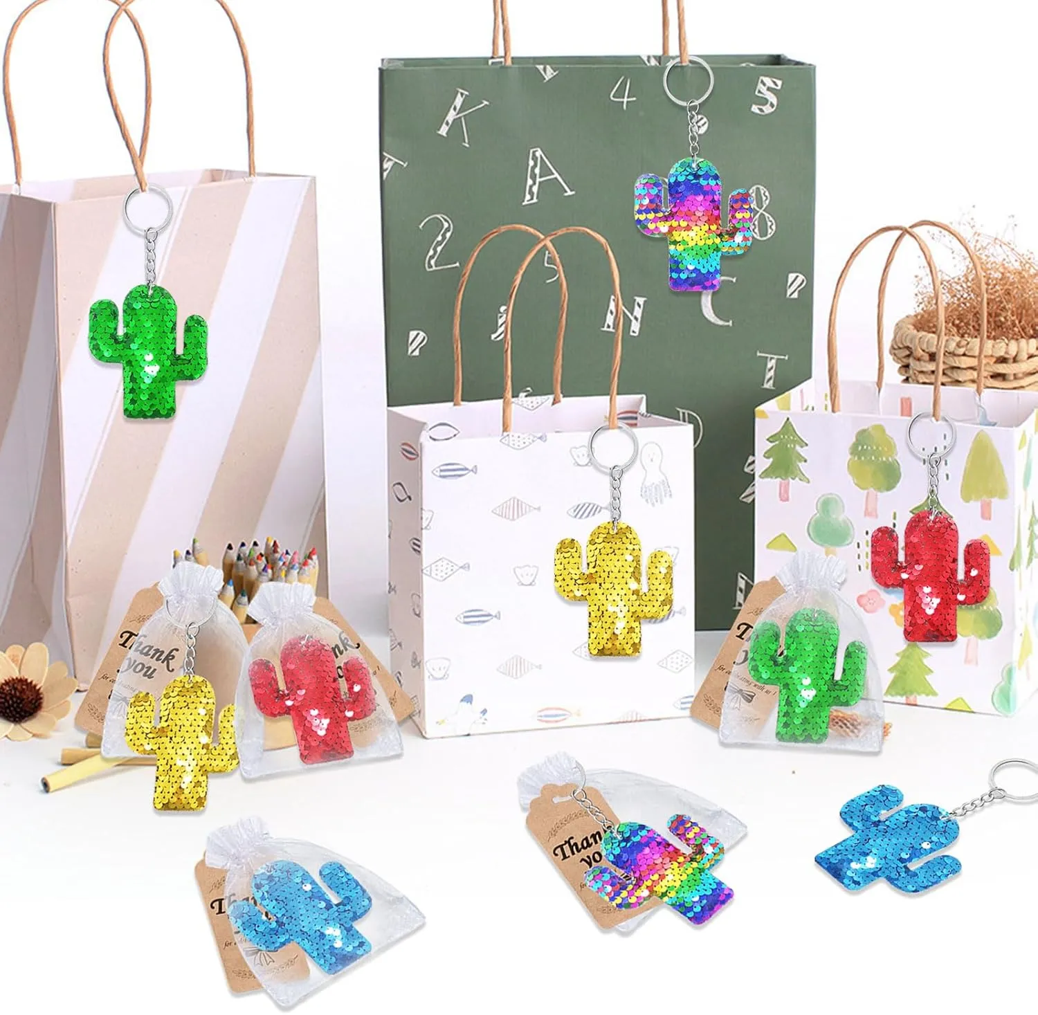 CiciBear 25 Pack Cactus Sequin Keychains for Cactus Mexican Fiesta Tropical Hawaiian Summer Themed Party Favors, Kids and Adults Birthday Gift, Baby Shower, Party, 5 Colors