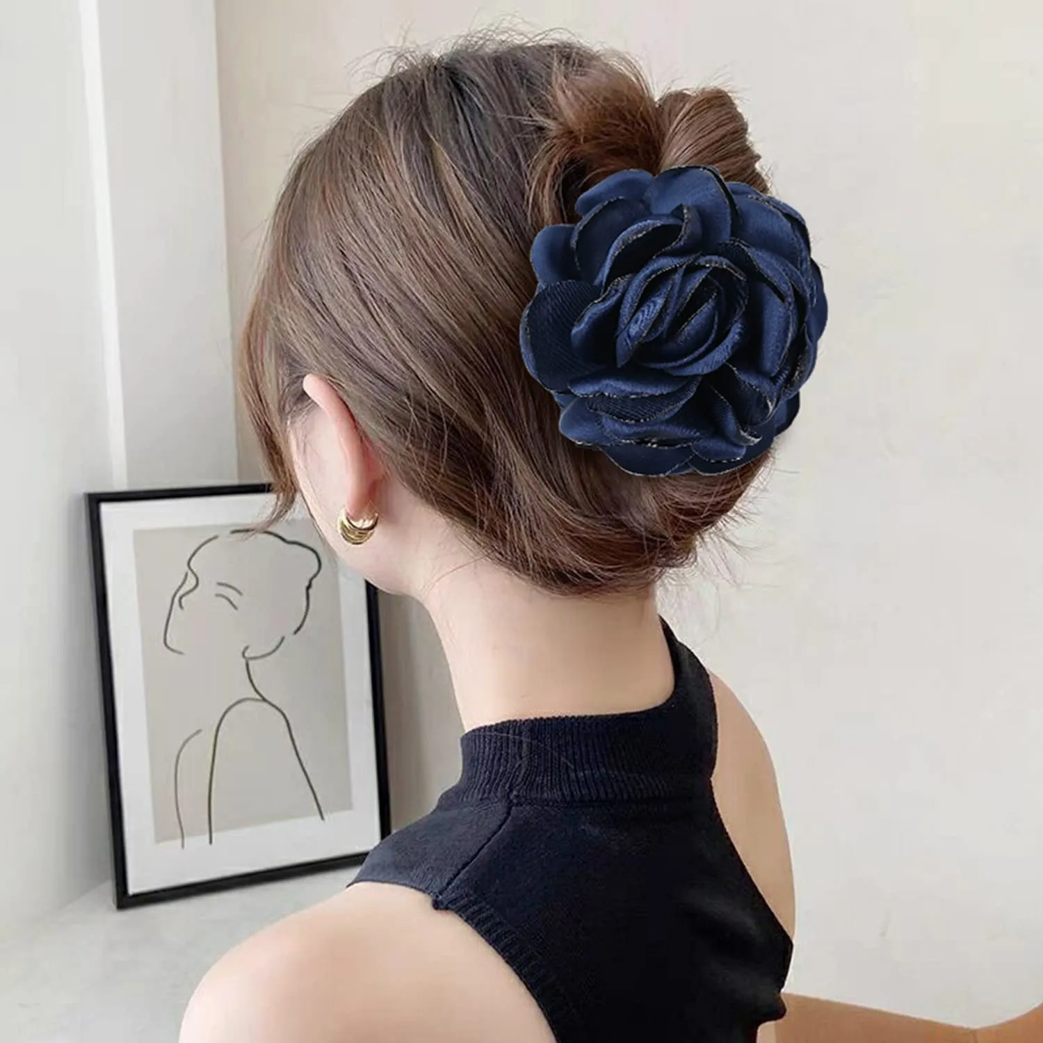 Cinaci 4 Pack Black Plastic Hair Claws with Big Large Rose Flower Floral Bow Clips Barrettes Clamps Hair Bun Chignon Updo Holders Accessories for Women Girls