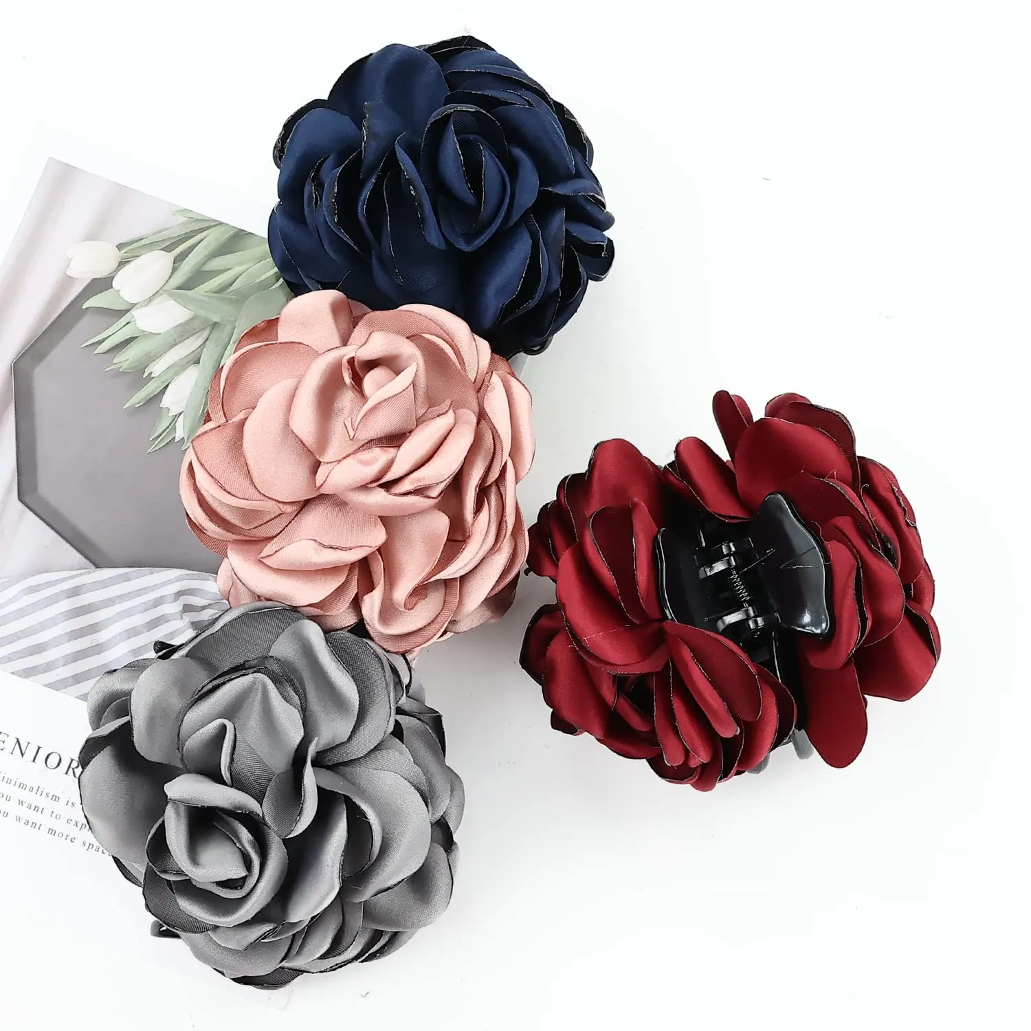 Cinaci 4 Pack Black Plastic Hair Claws with Big Large Rose Flower Floral Bow Clips Barrettes Clamps Hair Bun Chignon Updo Holders Accessories for Women Girls