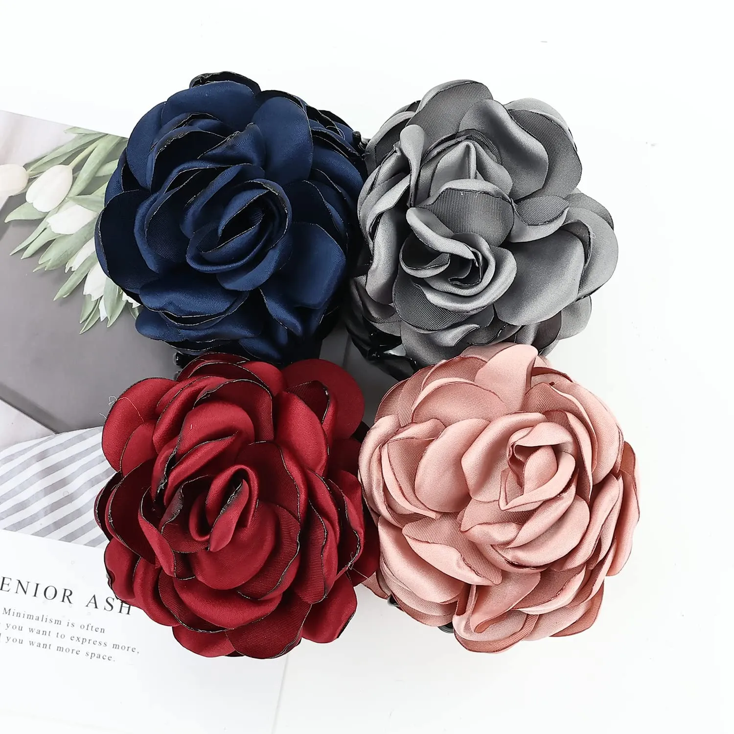 Cinaci 4 Pack Black Plastic Hair Claws with Big Large Rose Flower Floral Bow Clips Barrettes Clamps Hair Bun Chignon Updo Holders Accessories for Women Girls