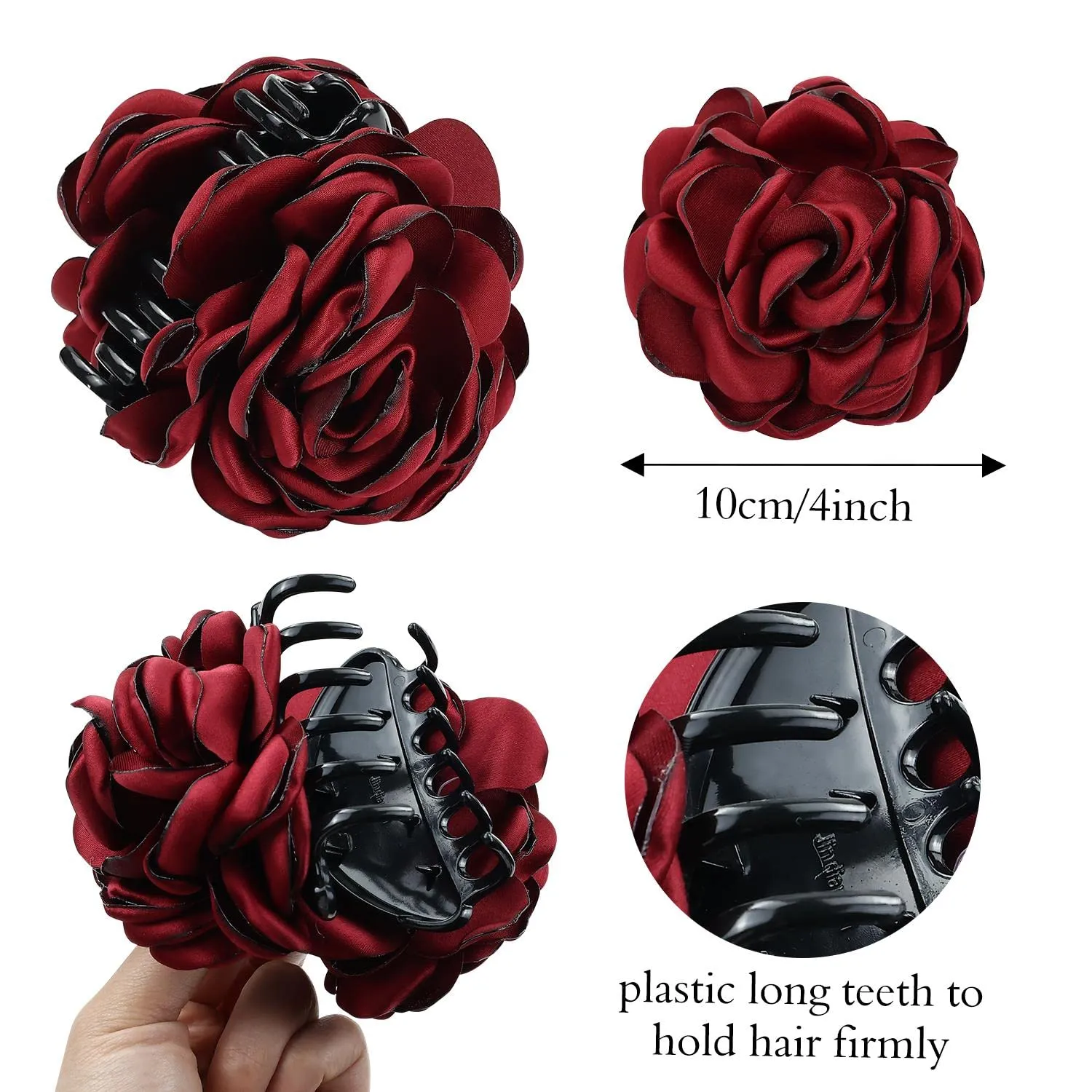 Cinaci 4 Pack Black Plastic Hair Claws with Big Large Rose Flower Floral Bow Clips Barrettes Clamps Hair Bun Chignon Updo Holders Accessories for Women Girls