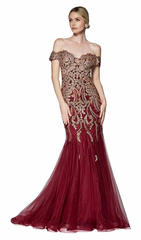 Cinderella Divine - Off Shoulder Beaded Lace Tulle Mermaid Gown KV1035 - 1 pc Black/Gold In Size 6 Available