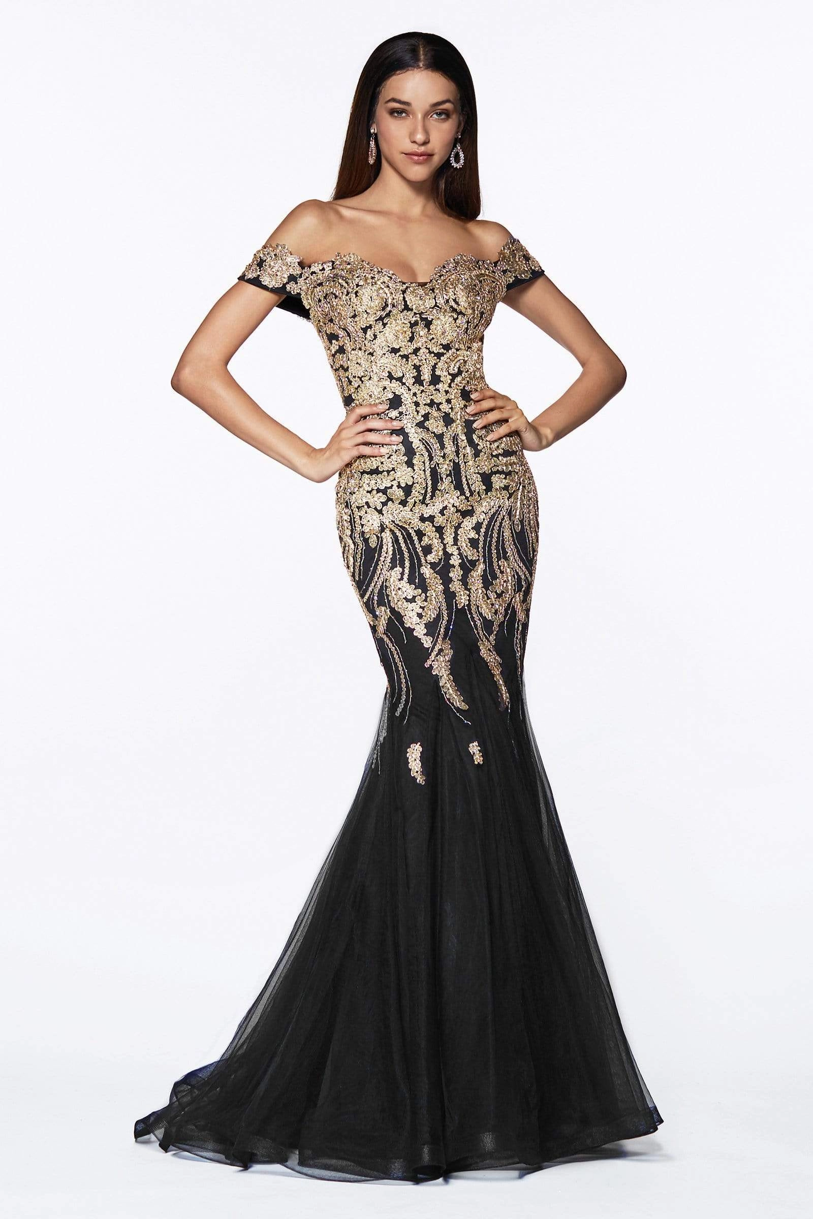 Cinderella Divine - Off Shoulder Beaded Lace Tulle Mermaid Gown KV1035 - 1 pc Black/Gold In Size 6 Available