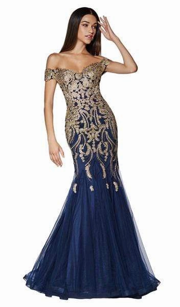 Cinderella Divine - Off Shoulder Beaded Lace Tulle Mermaid Gown KV1035 - 1 pc Black/Gold In Size 6 Available