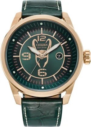 Citizen Eco-Drive Men's Marvel Villians Loki Rose Gold Stainless Steel Case Watch with Deep Green Crocodile Textured Leather Strap, 45mm (Model: AW1363-06W)