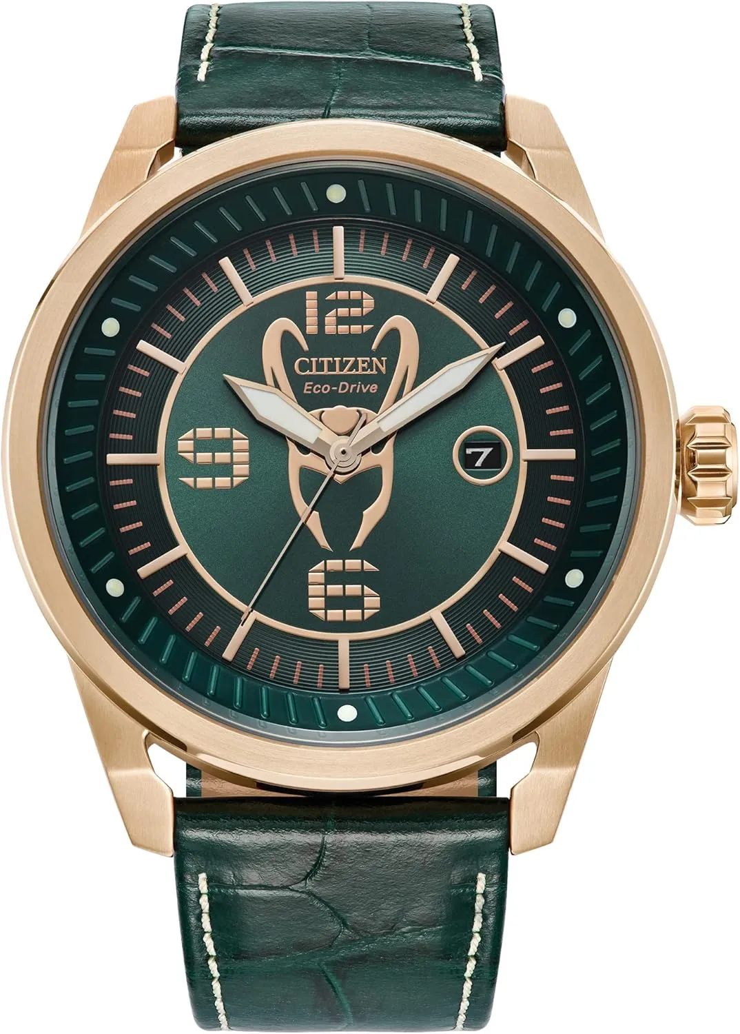 Citizen Eco-Drive Men's Marvel Villians Loki Rose Gold Stainless Steel Case Watch with Deep Green Crocodile Textured Leather Strap, 45mm (Model: AW1363-06W)