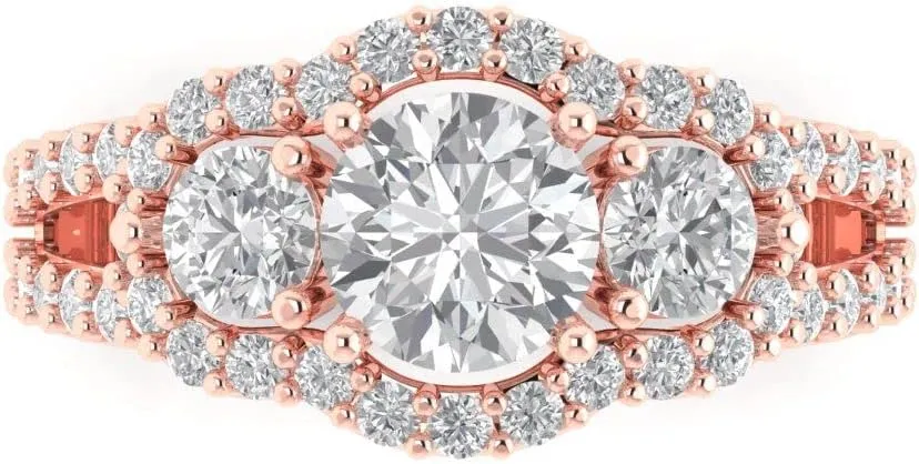 Clara Pucci 2.16 ct Brilliant Round Cut Simulated Diamond 14k Rose Gold Solitaire W/Accents 3 Stone anniversary Wedding Engagement Ring