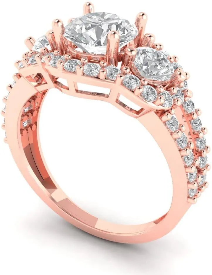 Clara Pucci 2.16 ct Brilliant Round Cut Simulated Diamond 14k Rose Gold Solitaire W/Accents 3 Stone anniversary Wedding Engagement Ring