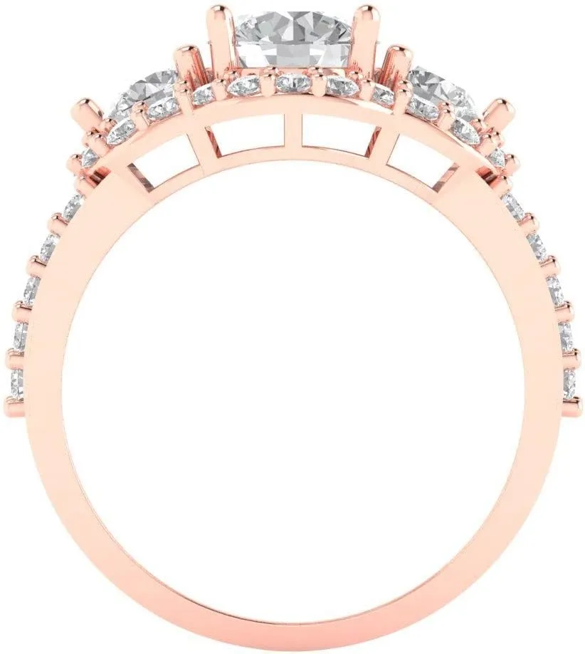 Clara Pucci 2.16 ct Brilliant Round Cut Simulated Diamond 14k Rose Gold Solitaire W/Accents 3 Stone anniversary Wedding Engagement Ring