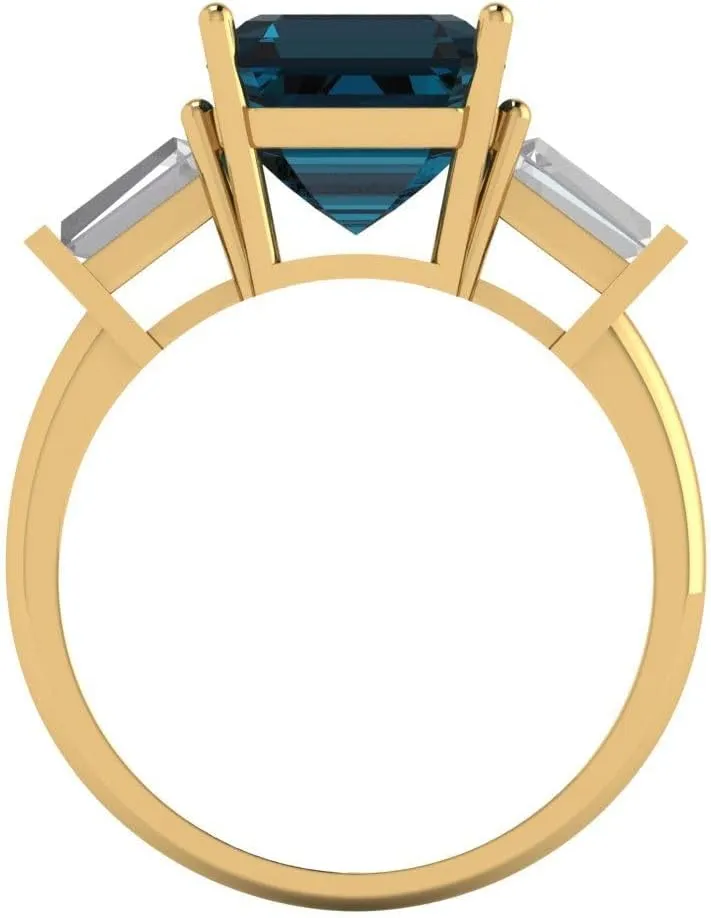 Clara Pucci 3 Ct Asscher Cut VVS1 Natural London Blue Topaz – Bold Three-Stone Statement Ring for Women – Solid 14K Yellow Gold – Birthstone Graduation or Anniversary Bridal Gift (Size)