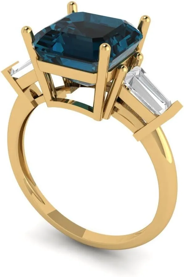 Clara Pucci 3 Ct Asscher Cut VVS1 Natural London Blue Topaz – Bold Three-Stone Statement Ring for Women – Solid 14K Yellow Gold – Birthstone Graduation or Anniversary Bridal Gift (Size)