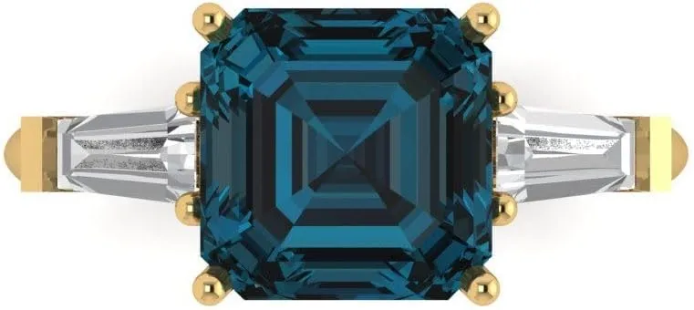 Clara Pucci 3 Ct Asscher Cut VVS1 Natural London Blue Topaz – Bold Three-Stone Statement Ring for Women – Solid 14K Yellow Gold – Birthstone Graduation or Anniversary Bridal Gift (Size)