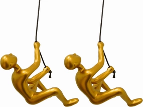 Climbing Man Wall Art for Home Decor with 30” Leather Rope | Polyresin Statues and Sculptures with Hanging Hardware Included for Modern Wall Decor and Motivational Art, Gold, Set of 2