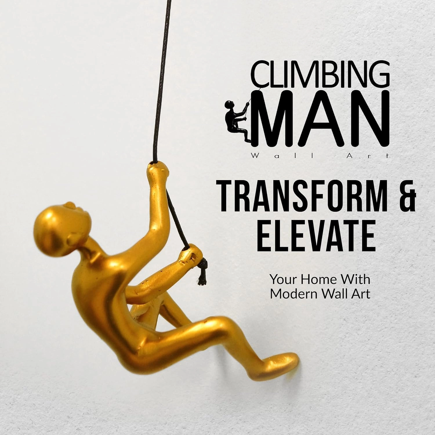 Climbing Man Wall Art for Home Decor with 30” Leather Rope | Polyresin Statues and Sculptures with Hanging Hardware Included for Modern Wall Decor and Motivational Art, Gold, Set of 2