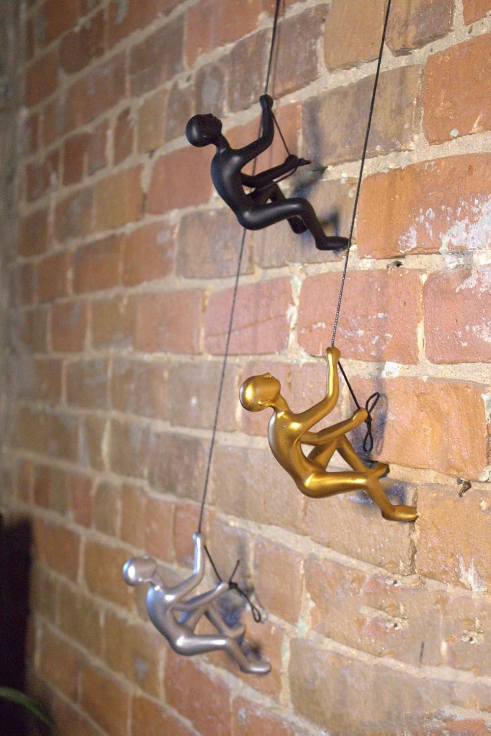 Climbing Man Wall Art for Home Decor with 30” Leather Rope | Polyresin Statues and Sculptures with Hanging Hardware Included for Modern Wall Decor and Motivational Art, Gold, Set of 2